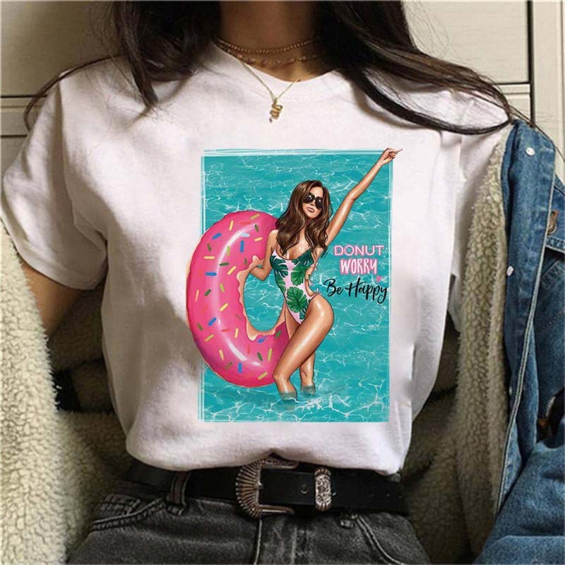 Fashion lady printed white T-shirt