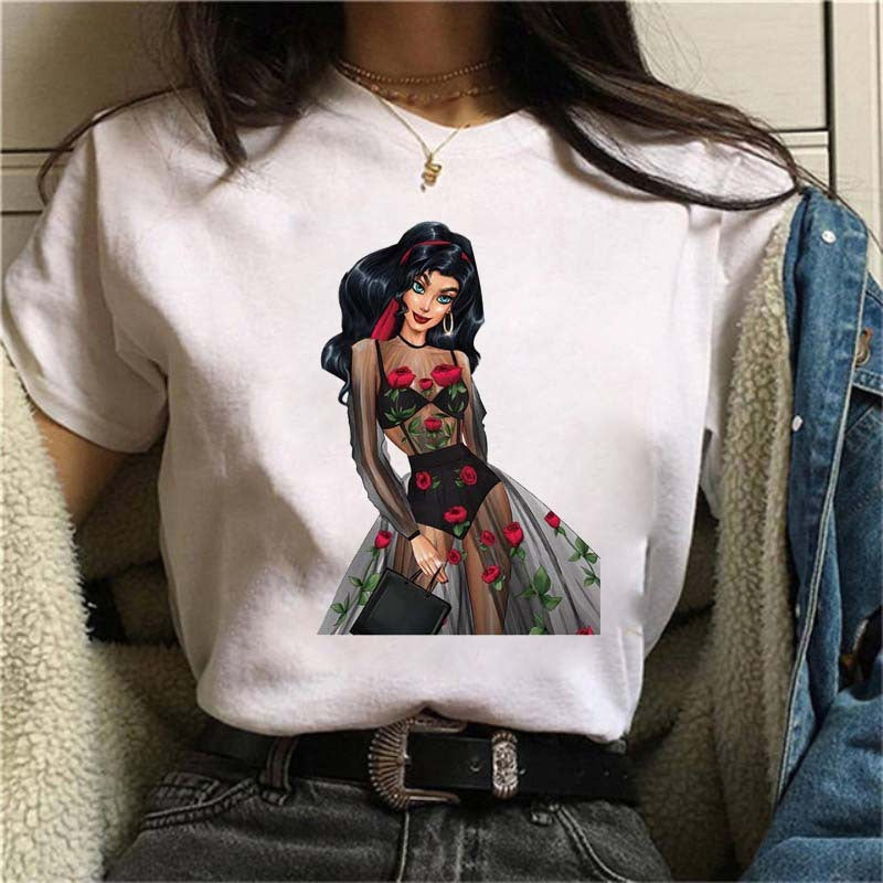 Fashion lady printed white T-shirt