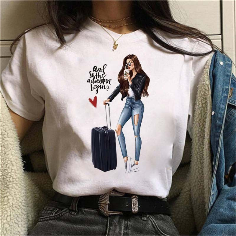 Fashion lady printed white T-shirt