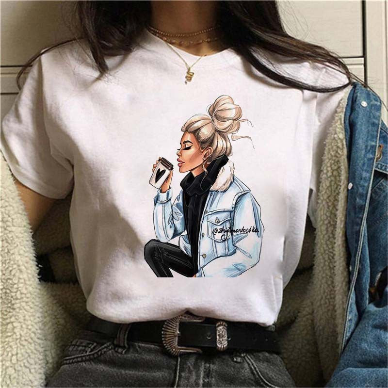 Fashion lady printed white T-shirt