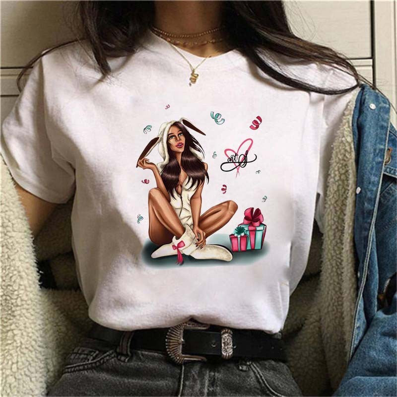 Fashion lady printed white T-shirt