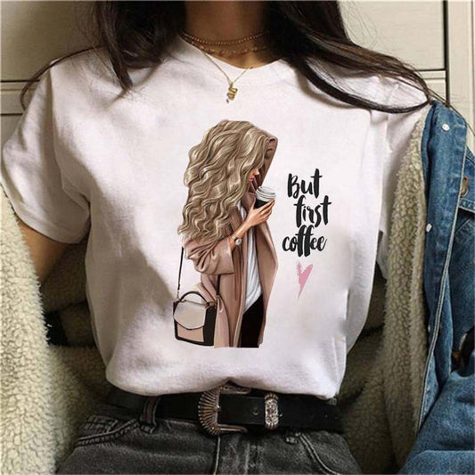 Fashion lady printed white T-shirt