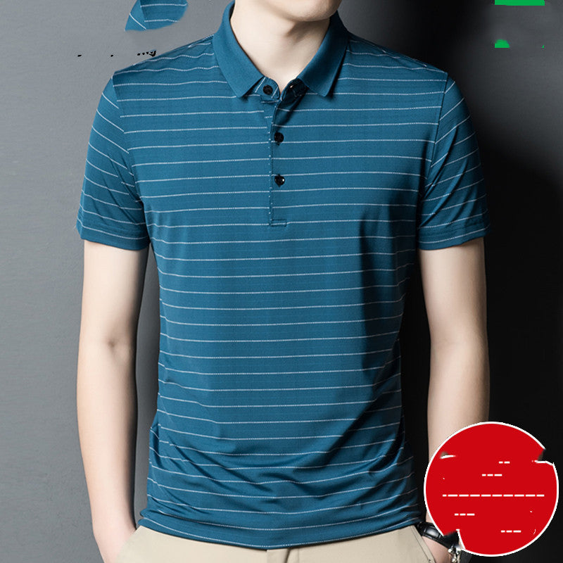 Woodpecker Silk Short-sleeved T-shirt Men Silk 40 Years Old 50 Dad Packed Middle-aged Mens Ice Silk Striped Loose