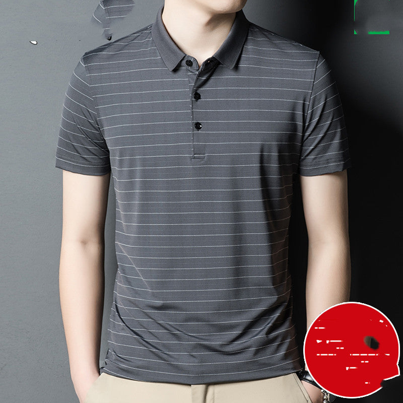 Woodpecker Silk Short-sleeved T-shirt Men Silk 40 Years Old 50 Dad Packed Middle-aged Mens Ice Silk Striped Loose