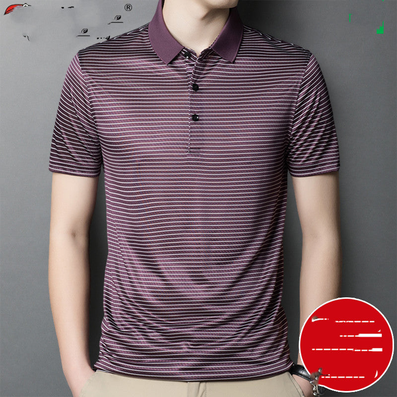 Woodpecker Silk Short-sleeved T-shirt Men Silk 40 Years Old 50 Dad Packed Middle-aged Mens Ice Silk Striped Loose