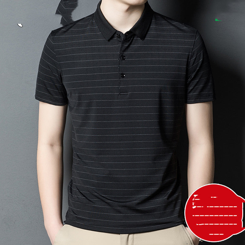 Woodpecker Silk Short-sleeved T-shirt Men Silk 40 Years Old 50 Dad Packed Middle-aged Mens Ice Silk Striped Loose