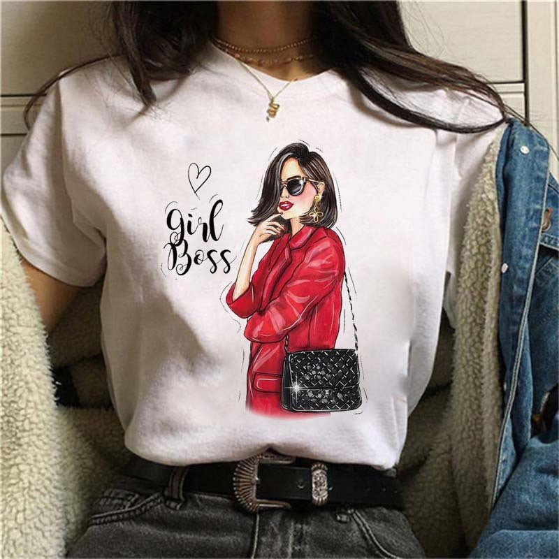 Fashion lady printed white T-shirt