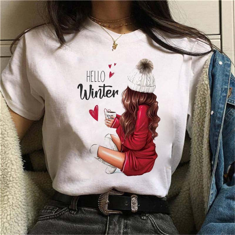 Fashion lady printed white T-shirt