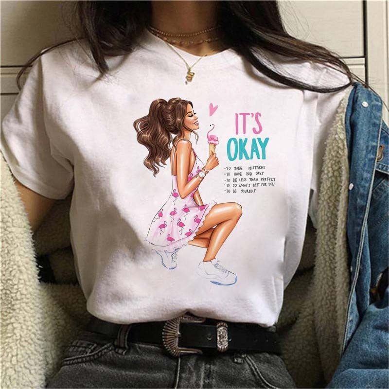 Fashion lady printed white T-shirt
